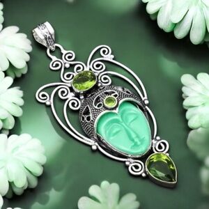 Bali Carved Stone Green Goddess Face with Peridot  Filigree